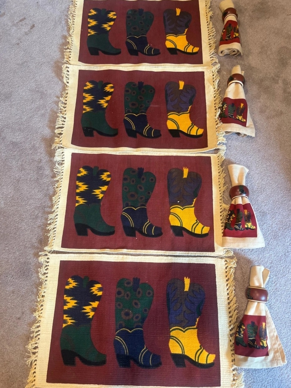 Vintage Maroon Placemat Set with Multicolor Cowboy Boot Motif Placements Napkins